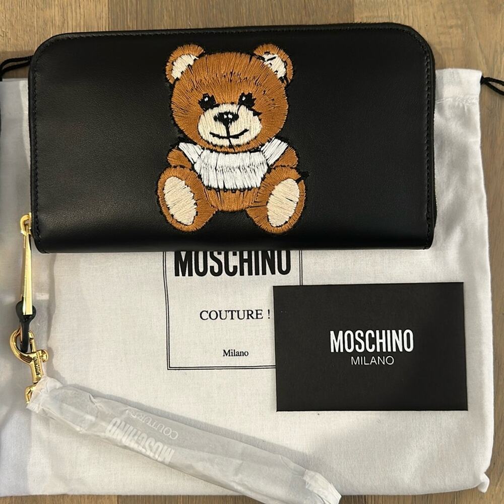 Moschino Bear Logo Embroidered Leather Wristlet Wallet